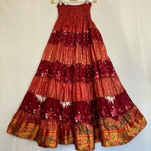 100% Silk Maxi Skirt Midi Dress Smocked Boho Tiered‎ Festival Red Christmas M